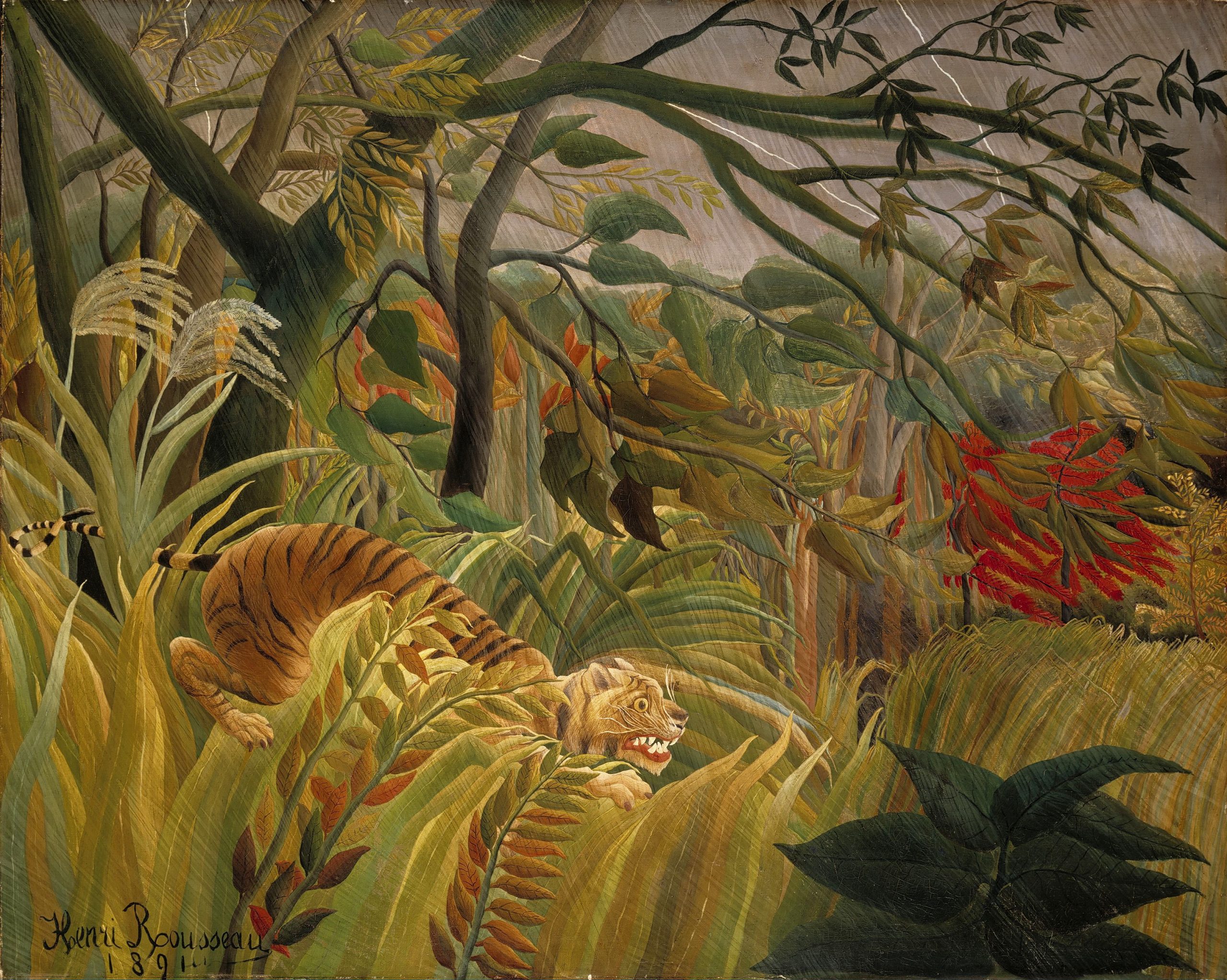 henri rousseau painting of tropical storm with a tiger
