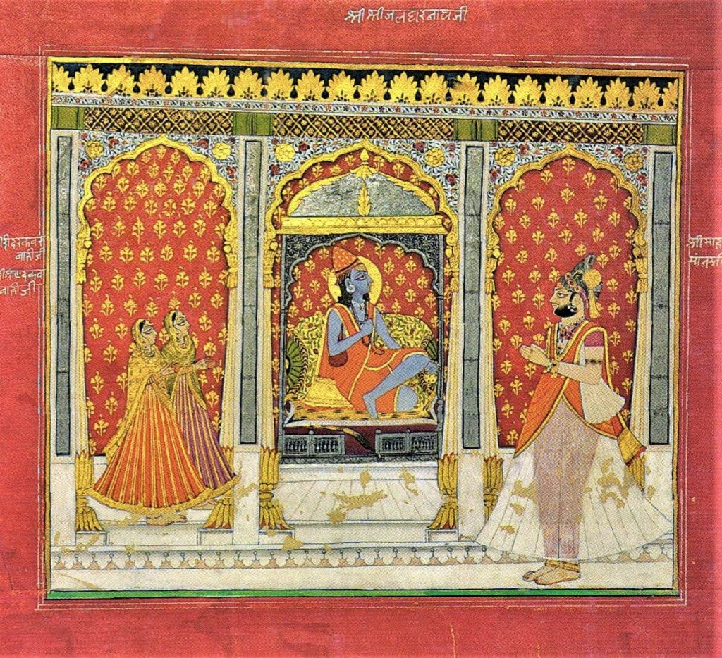 maharaja man singh worshipping jallandharnathji with sri idar kunwar baiji and sri anand kunwar baiji. jodhpur, c.1805. by udai ram. mehrangarh museum trust, jodhpur.
